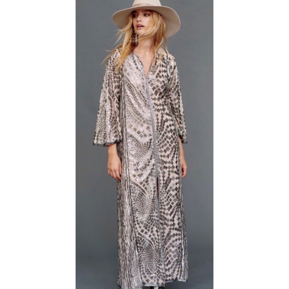 Anna Sui x BHLDN Cyrene Sm Silver Black Tan Sequin Geometric Kaftan Maxi Kimono